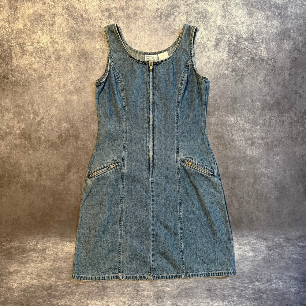 VTG Arizona Jean Co Denim Mini Dress Blue Cotton Zip Front Sleeveless Size 16